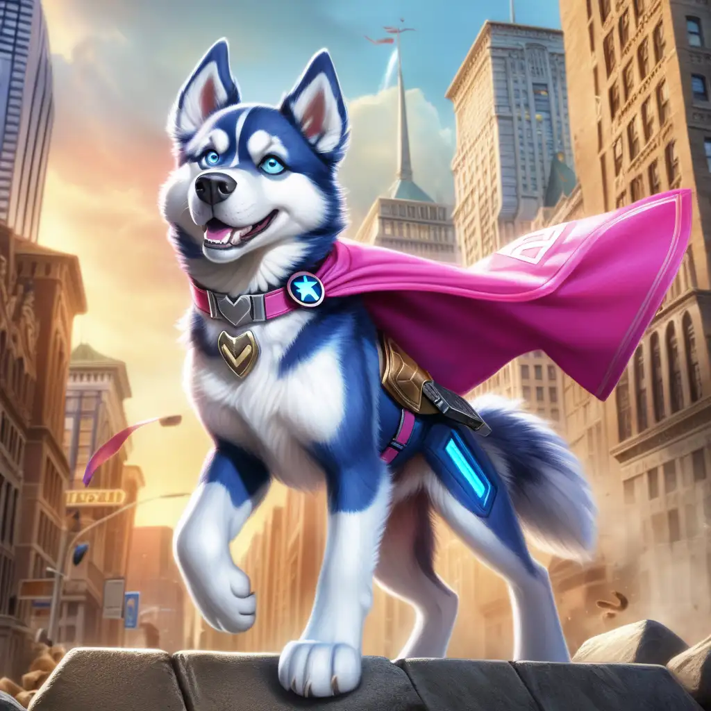 "A fearless husky Aussie mix with blue eyes and pink collar  superhero, armed with a sword shaped like a bone, rises to defend the city against the forces of evil. Endowed with surprising powers, this justice-seeking dog is ready to embark on a heroic quest while displaying unwavering love for bones and justice."