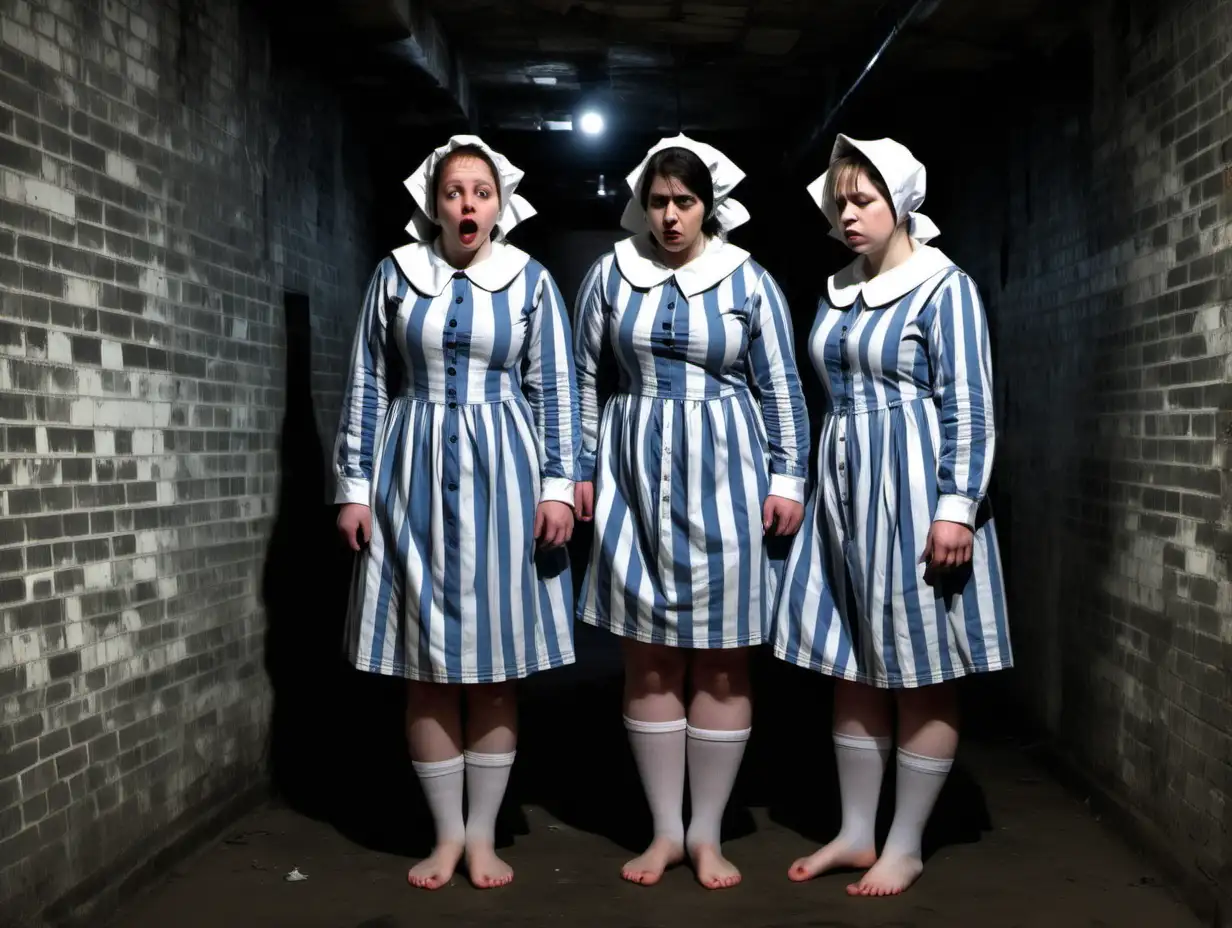 three of busty prisoner women (25 years old, same dress, barefoot) stand in a dark dungeonroom (brick walls) in dirty blue-white vertical wide-striped longsleeve buttoned prisondress (white puritan collar, small short bonnet , short hair ) head-to-knee view, they are sad and desperate