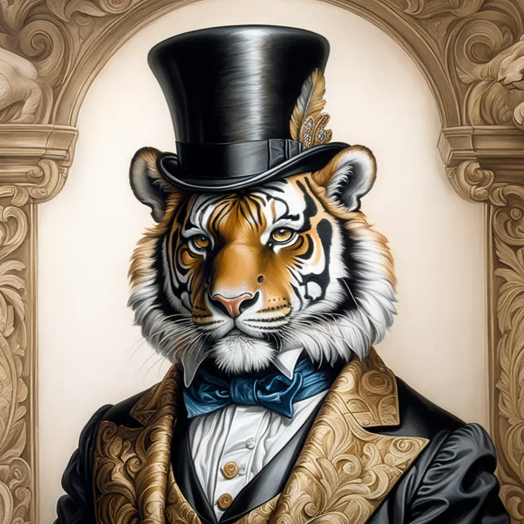 Elegant Tiger Portrait in Victorian Top Hat and Ornate Clothing