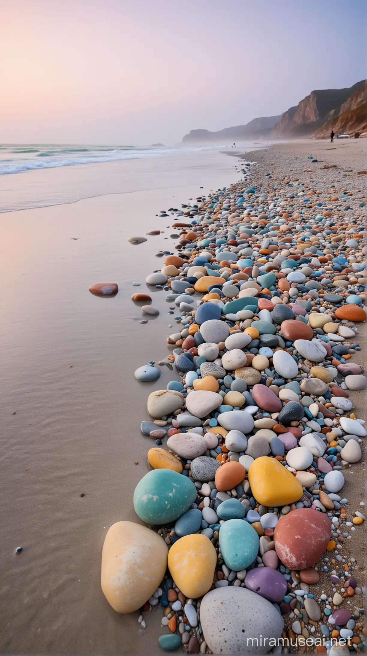 beach photography, expansive, awe-inspiring, breathtaking, bright colors,  colorful stones on the beach in pastel colors, sharp focus, good exposure, misty, wide-angle
