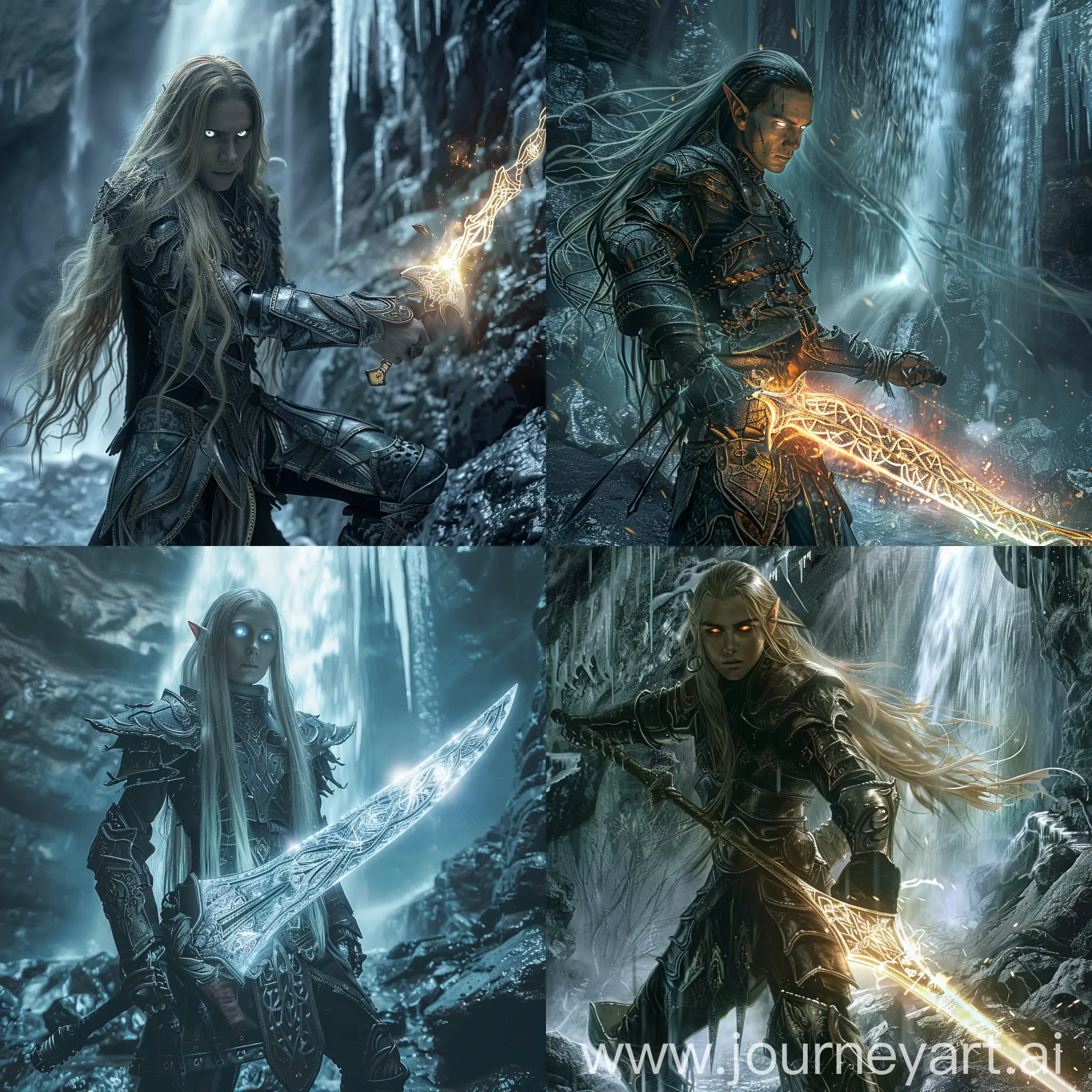 AshenHaired-Elf-Warrior-Battling-in-Icy-Waterfall-Cave