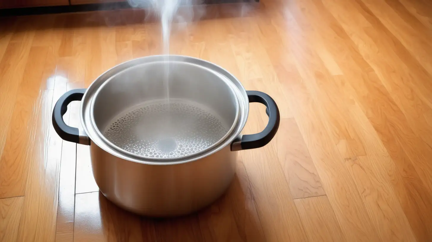 boiling water on pot on wood floor. clearer and brighter.