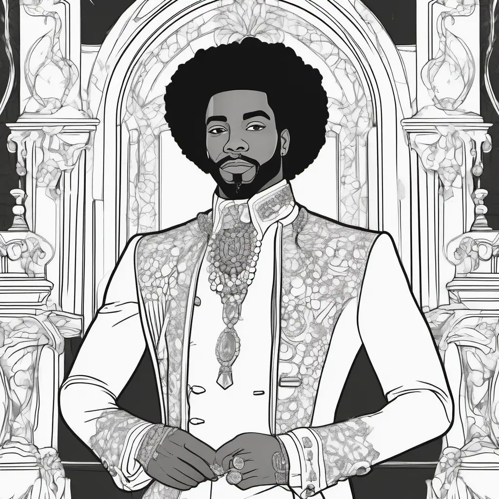 black and white, coloring page, African American prince in royal attire and extravagant jewellery in grand ballroom