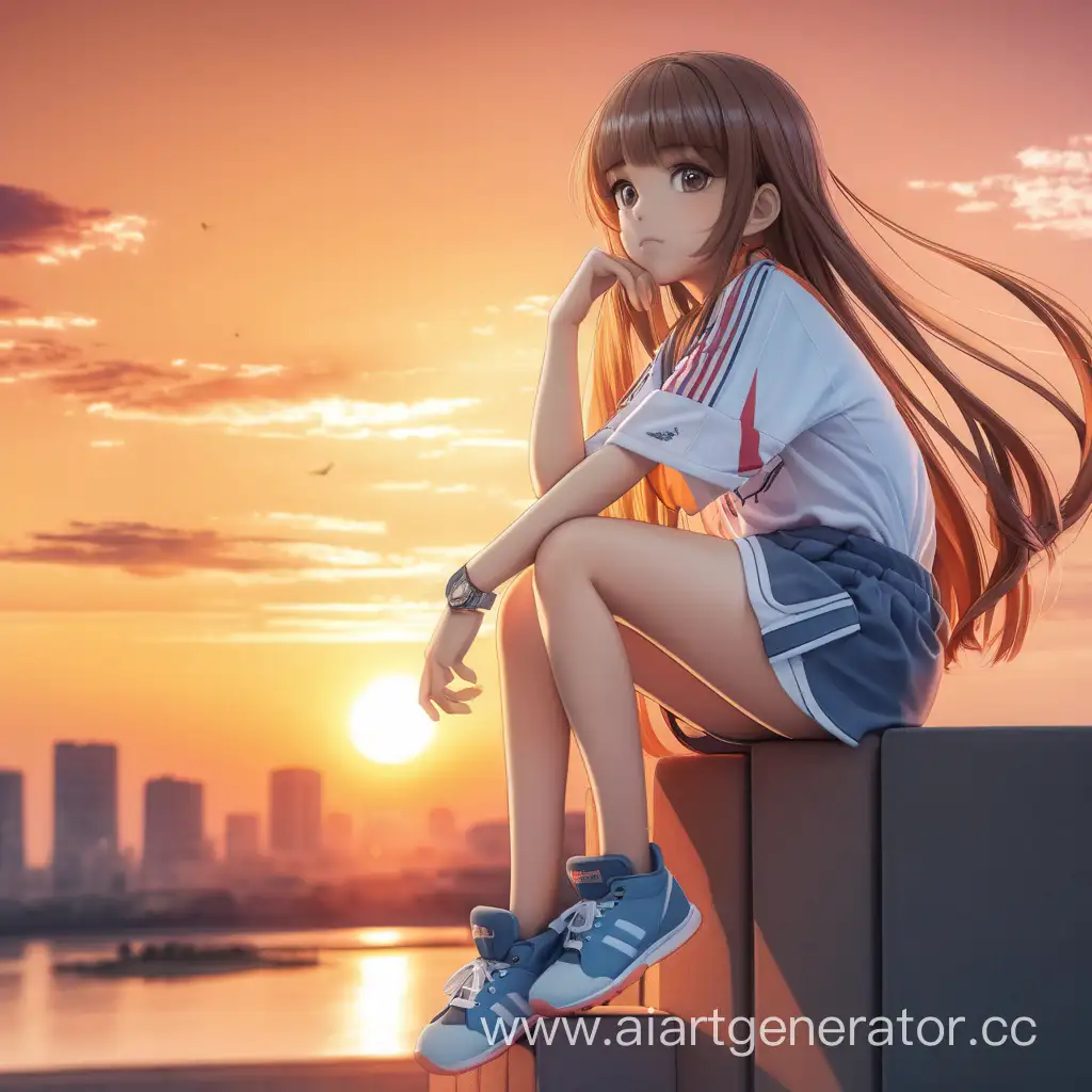 Beautiful-Girl-Sitting-Against-Anime-Style-Sunset-Background