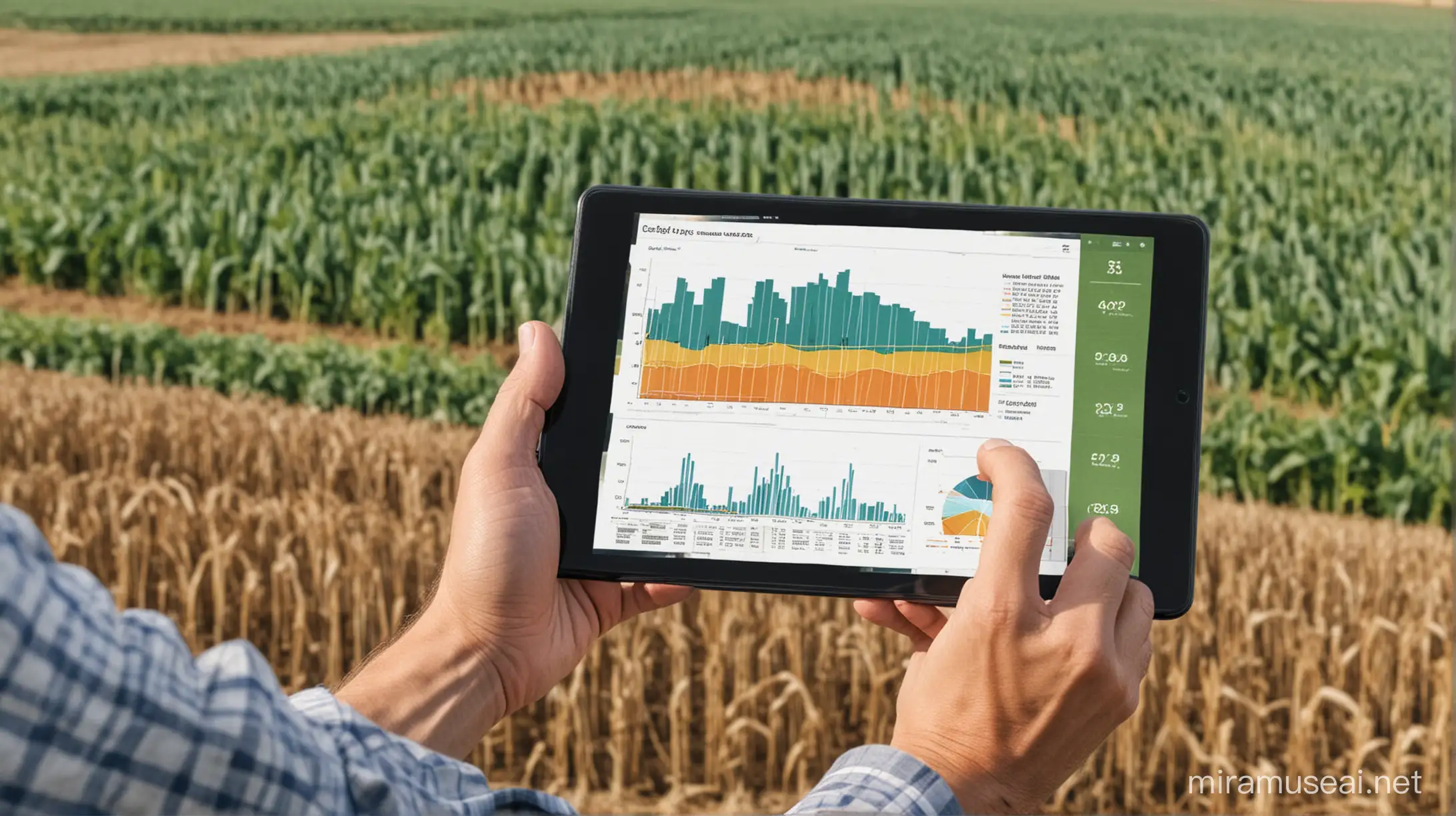 farm filed in the background. and a close up of man's hand holding a tablet with charts and graphs about agriculture predictions