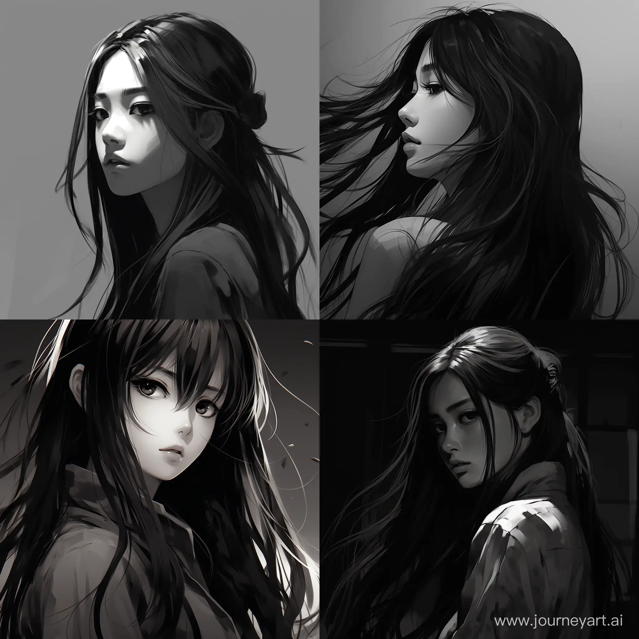 anime profile picture, dark, black and white, facing forward, young, japanese, long hair