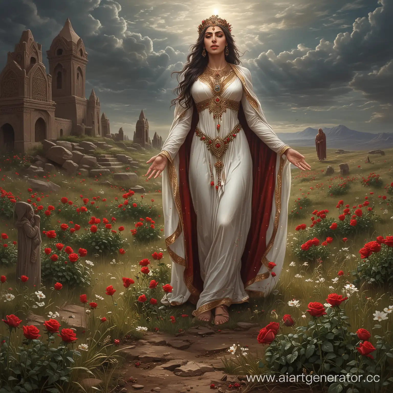 Divine-Love-Armenian-Goddess-Asthik-and-God-Vaagn-Embrace-Amidst-Blooming-Roses