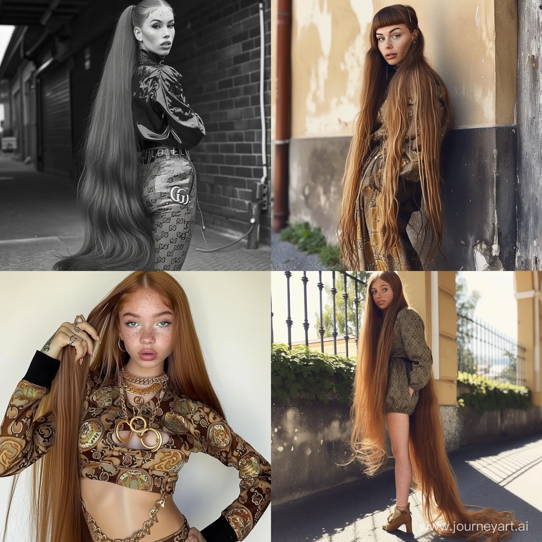 oung woman,instagram influencer, freckles, very extremely long hair, extremely skinny body, extremely narrow waist, baddie vibe, extravagant outfit, very expensive brand of clothes, street style clothes, gucci closthes, baddie clothes