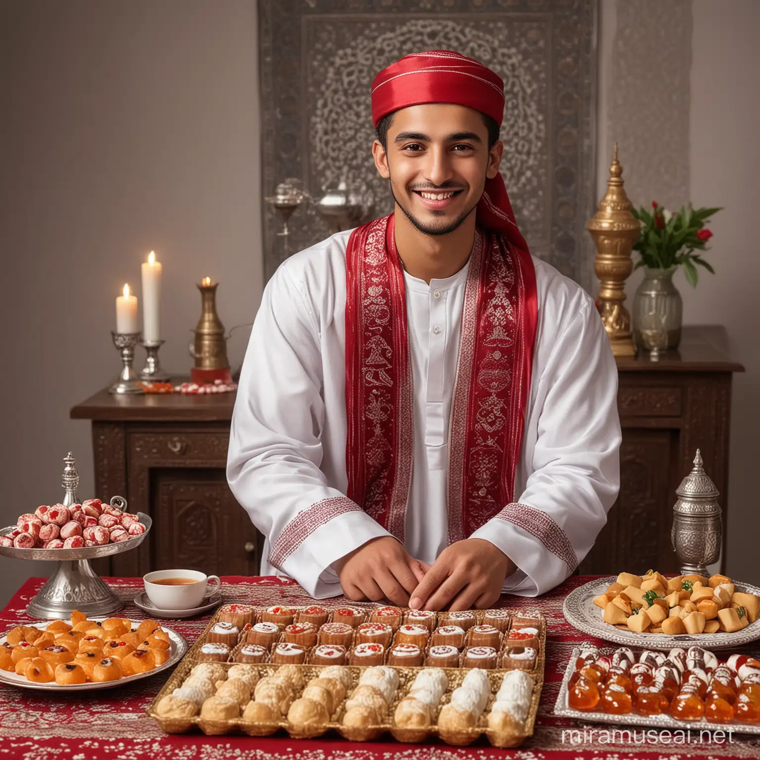 A real picture of a smiling, elegant Moroccan young man celebrating Eid al-Fitr. In front of him is a table with a variety of sweets and tea. He is wearing a half-white and half-red robe. Behind him is the name “Karim” written in red crystal, and in his hands is the phrase “Eid mubarak.” A high-quality, realistic picture.hd, 4k