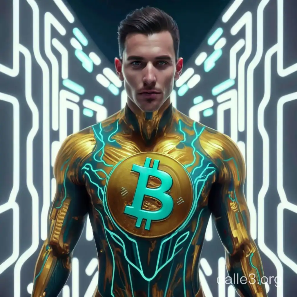 Generate a high-definition image of a male humanoid figure, 31 years old, with a strong physique, looking directly into the camera. He is wearing a neon form-fitting bodysuit with glowing blue lines in an abstract crypto pattern, and the Bitcoin (BTC) logo is prominently displayed on the suit. He is situated in a sleek and modern office space with a darker background, and the background should include computer screens, charts, holographs, and other futuristic technology related to cryptocurrency. The humanoid figure should be standing confidently and talking, with a powerful expression. The overall mood of the image should be dark, with glowing elements
