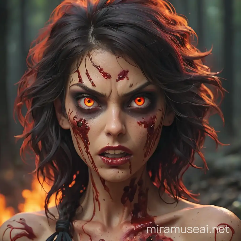 Seductive Zombie Woman with Fiery Eyes in a BloodDrenched Scene