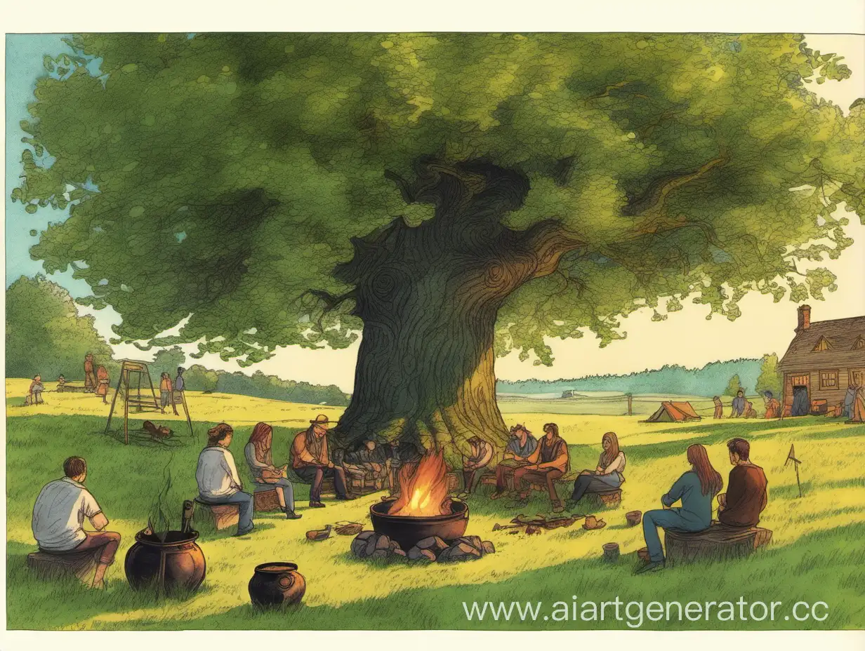 Gathering-Around-Campfire-with-Cauldron-on-Green-Meadow