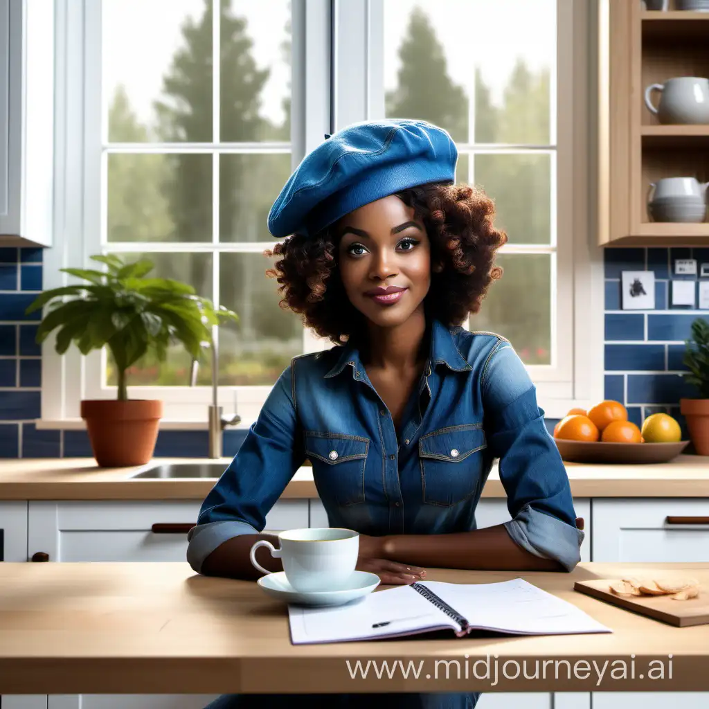 imagine, disney pixar beautiful black lady in mid thirties with chocolate skin and coily afro hair, wearing a blue denim shirt and black beret with hair slightly visible,  soft neutral lips, professional and kind expression,sitting on breakfast nook drinking tea in a modern kitchen with lots of natural light from kitchen windows with view of landscaped garden, pot plants on window sill, kitchen cabinets and appliances, notepad on the table with notes and an open laptop, sitting upright, eyes looking directly in front at the camera,