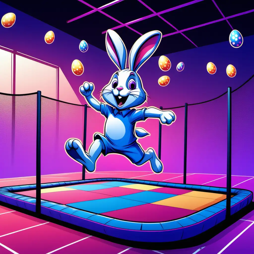 comics style of easter rabbit is jumping in trampoline in jump arena, more trampolines in background, darker blue color with pink and violet gradient colors, colorfull painted eggs are all around the place