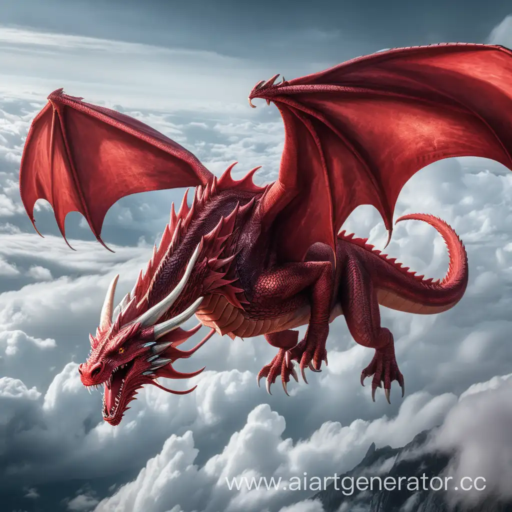 Огромный красный дракон из игры престолов летит среди облаков