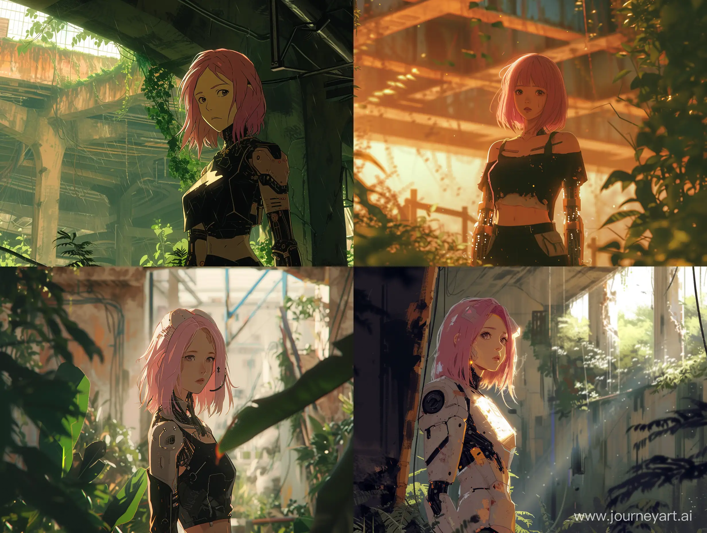 A 4k anime cartoon still featuring a cyborg woman standing in an environment, looking at the viewer. The visuals are very detailed and nostalgic, with a cyberpunk and dystopian aesthetic. The scene is illuminated with natural lighting, and the woman has pink hair, creating a dreamy and vivid atmosphere.

