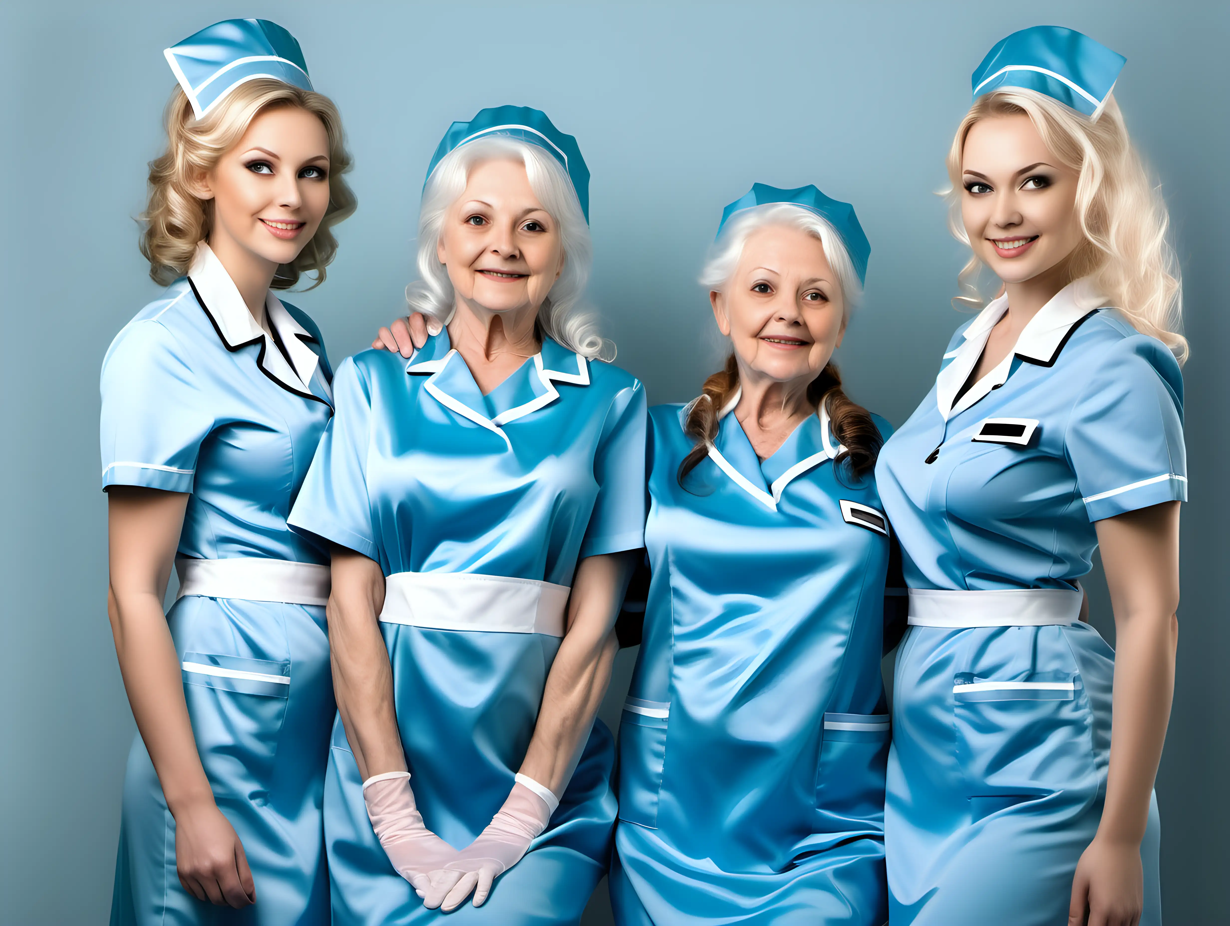 Joyful Generations Elderly Mothers and Daughters in Satin Sky Blue English Nurse Uniforms