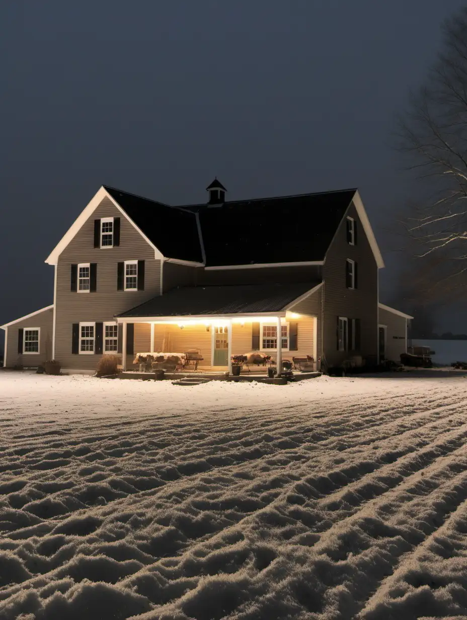 Charming Late November Farm Scene with Soft Candlelight in the Snow