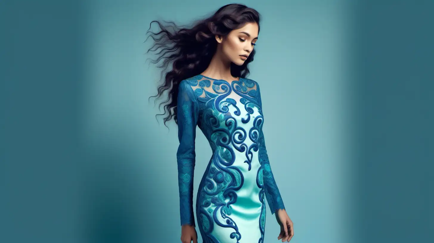 woman with hair shaped in waves blue shades in vibrant aqua embroidered gown long sleeves koru designs in lace in a slim line style tall model