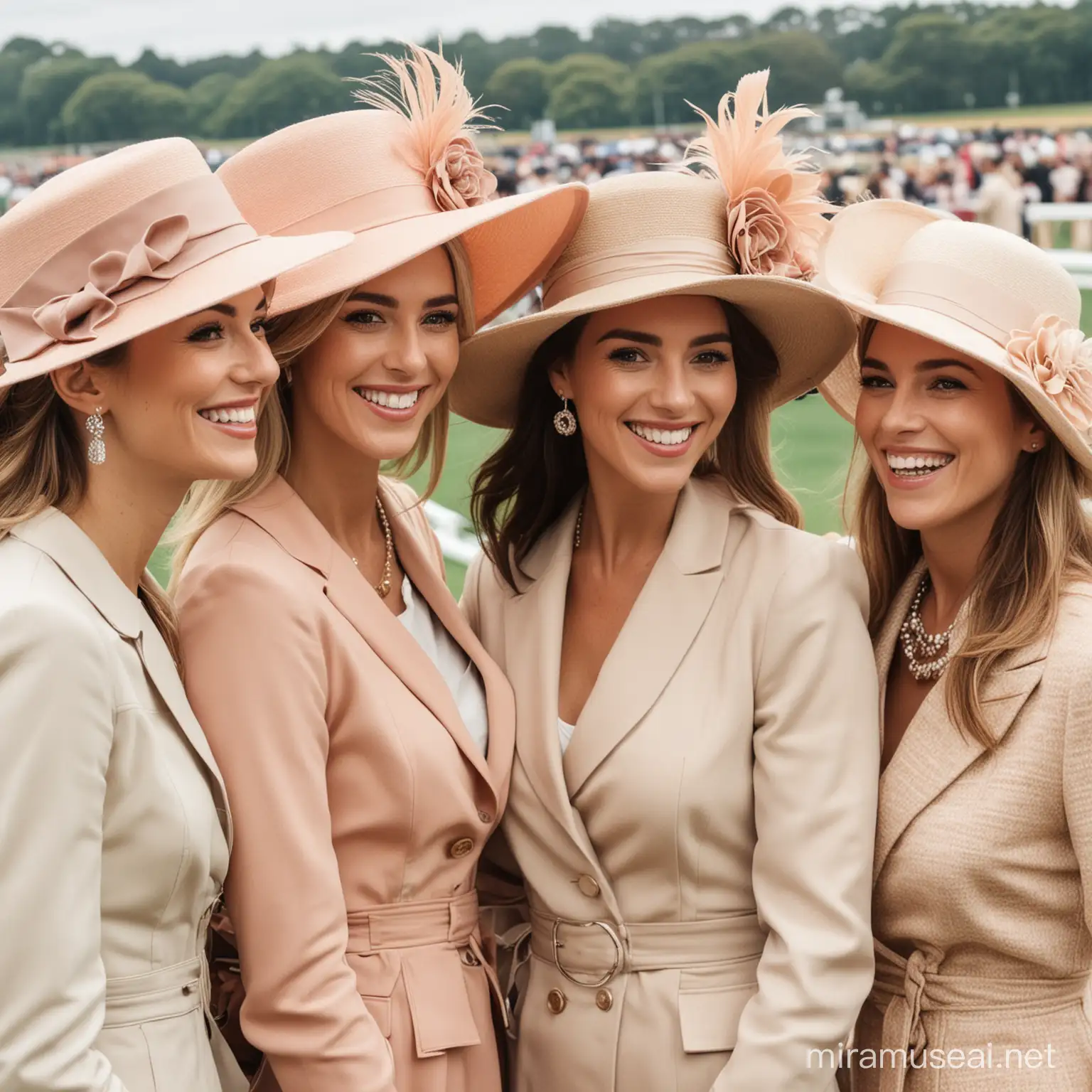 A side view shot of four smiling women  in posh hats taking up half the picture looking towards a race course, using a limited colour palette.
