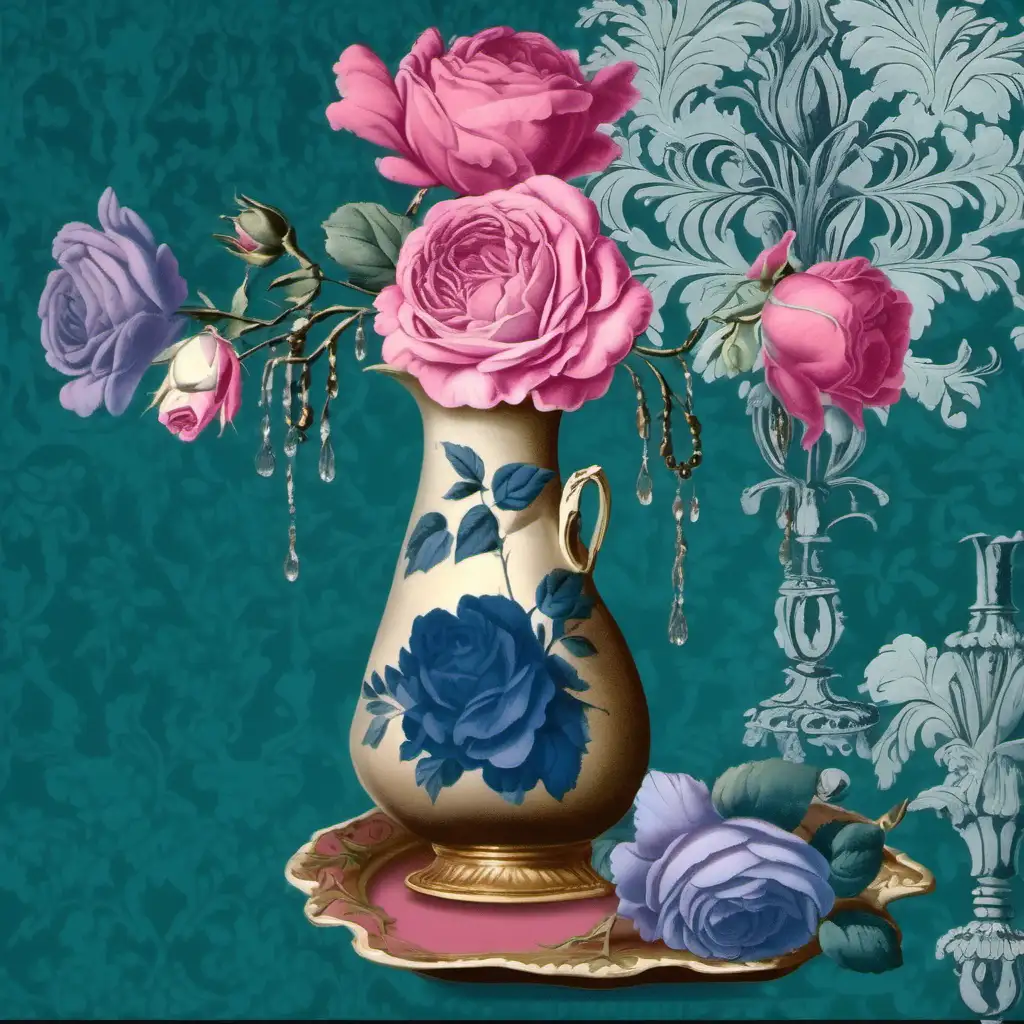 Dark pink damask wallpaper, Antique floral vase of roses, chipped Antique dishes, Antique chandelier,Antique floral rug