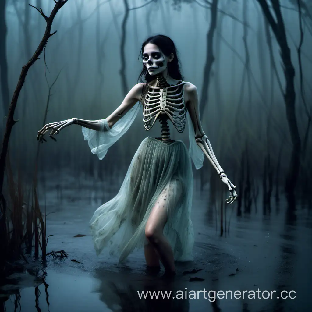 Танцующая ночью в тумане черноволосая девушка на болоте , у которой одна рука как у скелета, в легком мокром платье 