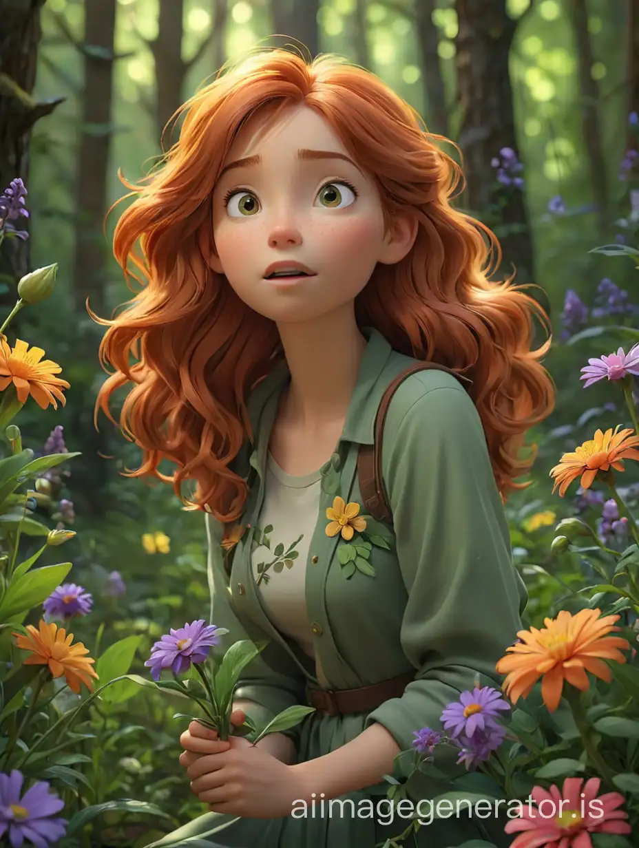 dark light, whimsical realistic 3d illustration , girl with ginger hair in pixar world, she is in forest, Inhaling the scent of flowers and herbs, she cut the brightest and most colorful bouquets, plunging into the aromatic world of nature, using a pastel color palette, very high detail, Canon 50D, ISO1000, UHD, full figure photo, HDR --seed 2628470536 --ar 9:16 --niji 5 --style expressive --v 5