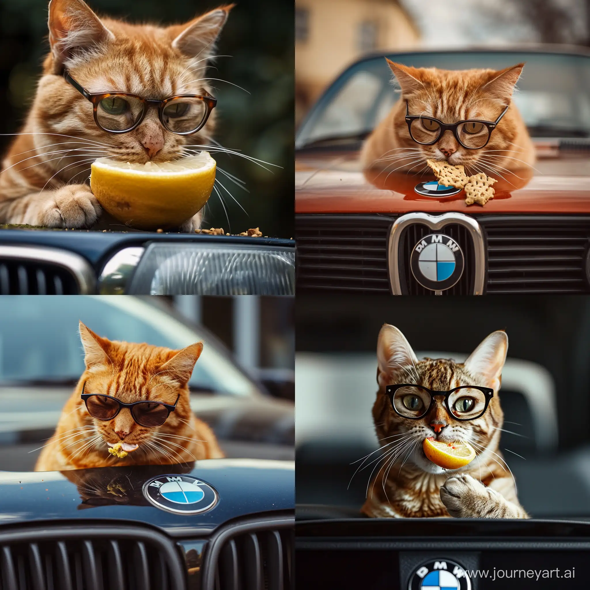 крутой кот в очках едит на BMW