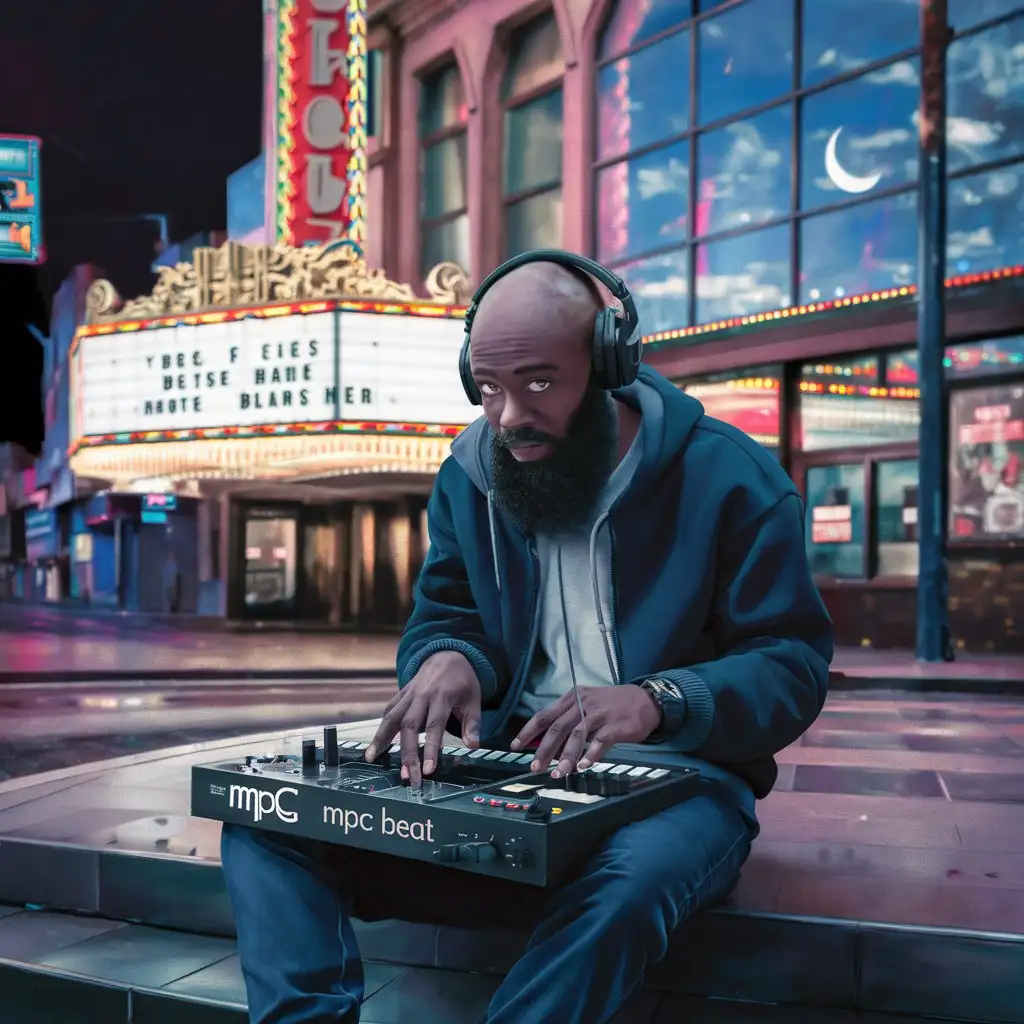 Bearded Black Man Creating Beats at Movie Theater