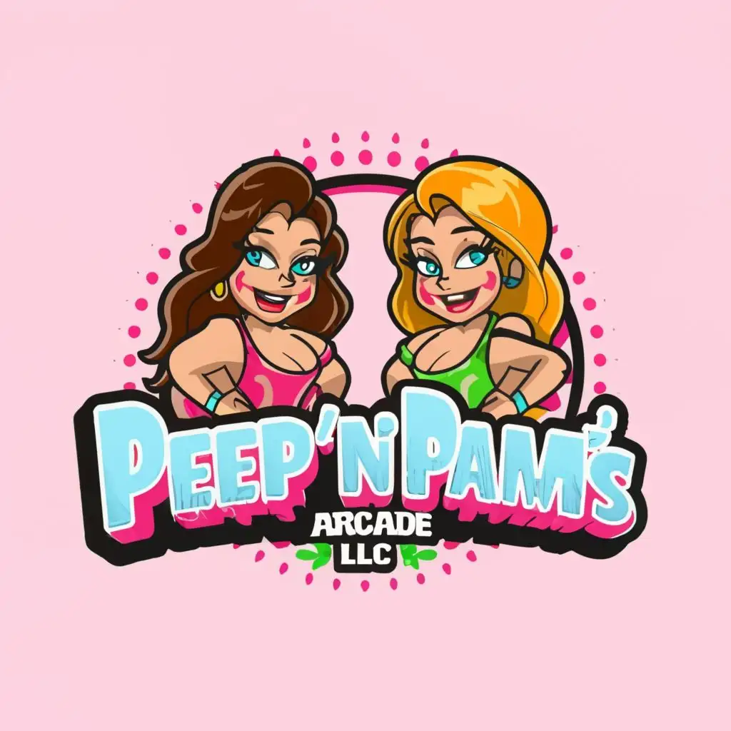 logo, 3D Two Women cartoon color pop, with the text "Peep'n Pam's Arcade LLC", typography, be used in Entertainment industry