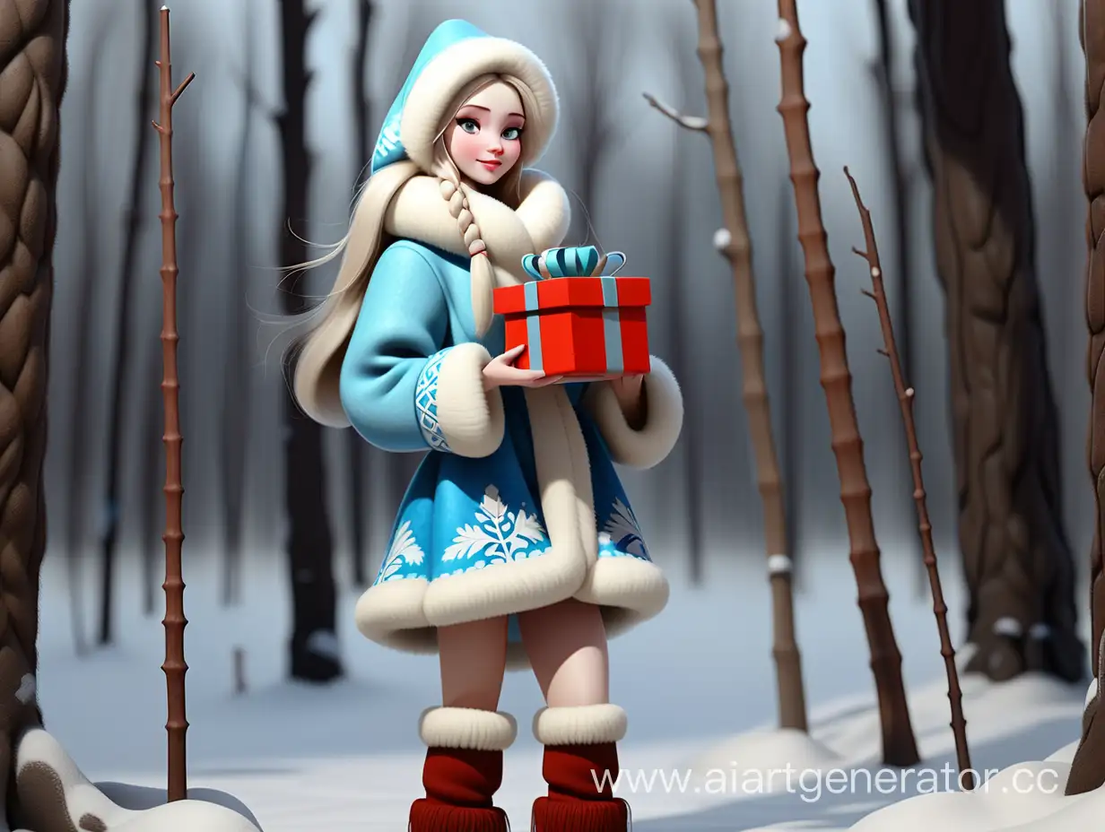 Снегурочка в короткой шубке и валенках в полный рост стоит и держит подарок в руках в зимнем лесу
