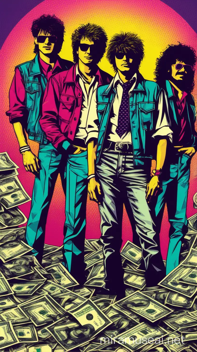 80s band surrounded by money geometric grungy 80s style