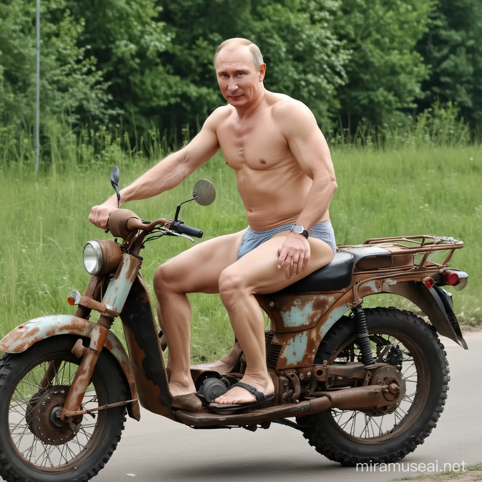 Russian President Putin Riding Rusty Moped in Underwear