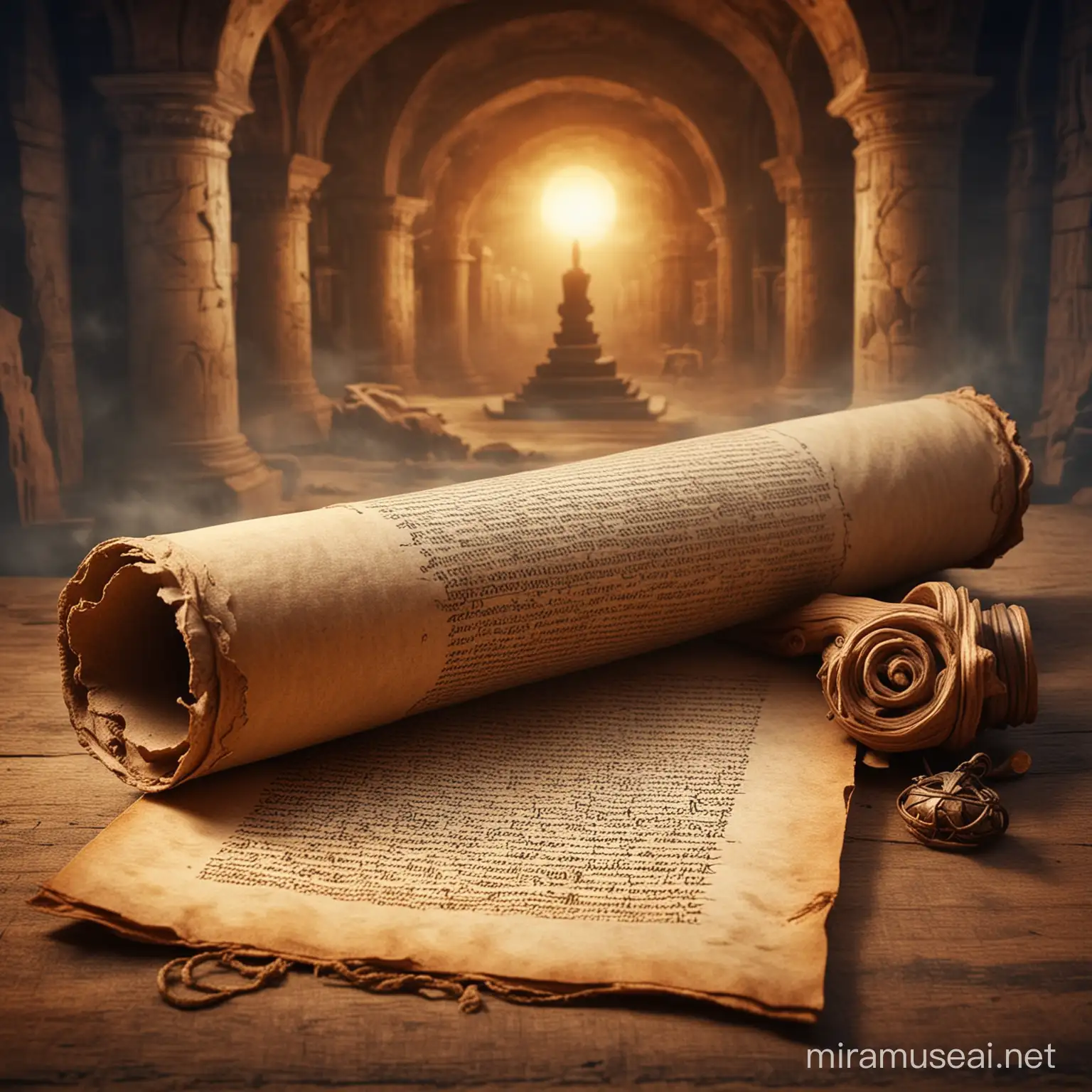Enchanted Scroll Unfurled in Serene Ancient Setting