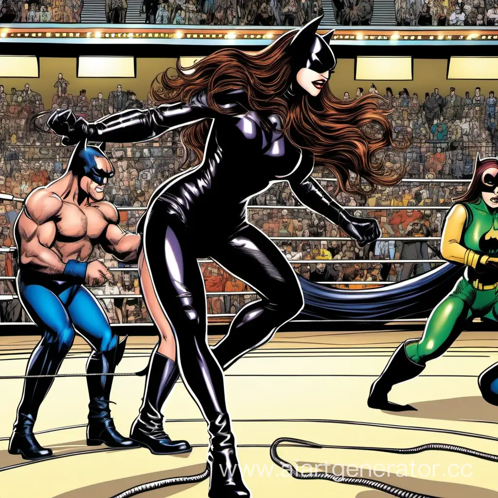 catwoman long flowing hair dressed in leather bodysuit with high boots vs Batman wrestling match  