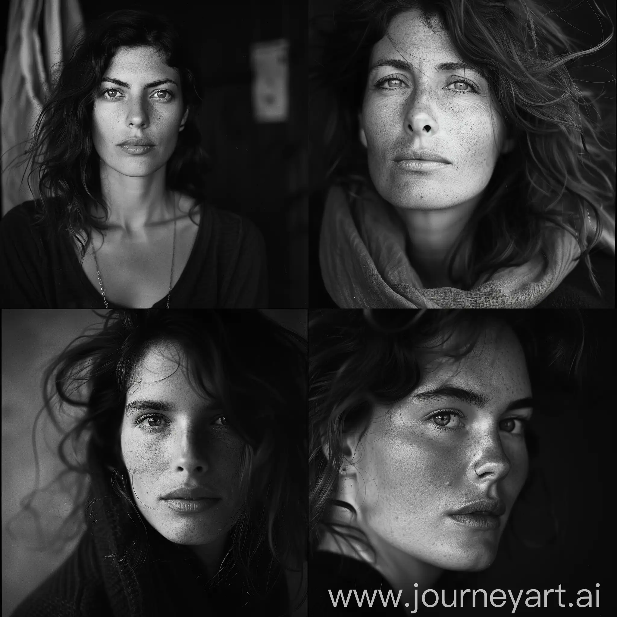 artistic photographic portrait of a 40 years old Italian woman, wavy hair, assured and confident expression, deep and captivating eyes, looking at camera, eye contact, winter morning light, cinematic style::3 shot with Ilford HP5+ 400 ::3 by Peter Lindbergh ::3   --style raw