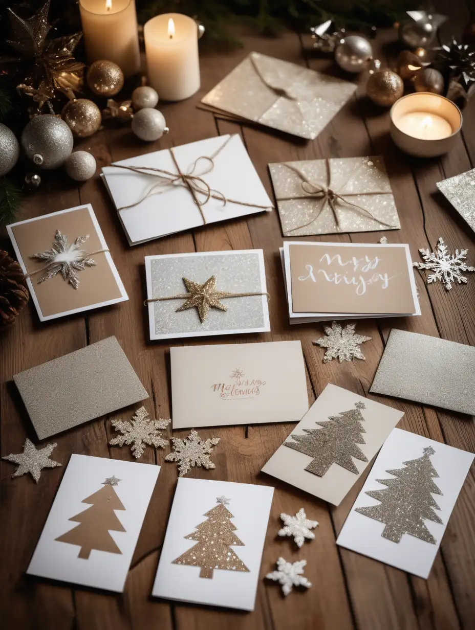varied sparkly and neutral opened Christmas cards  messily laid out on a wooden table. just cards on table nothing else.neutral, rustic, organic style. artistic angled view DSLR photography style
