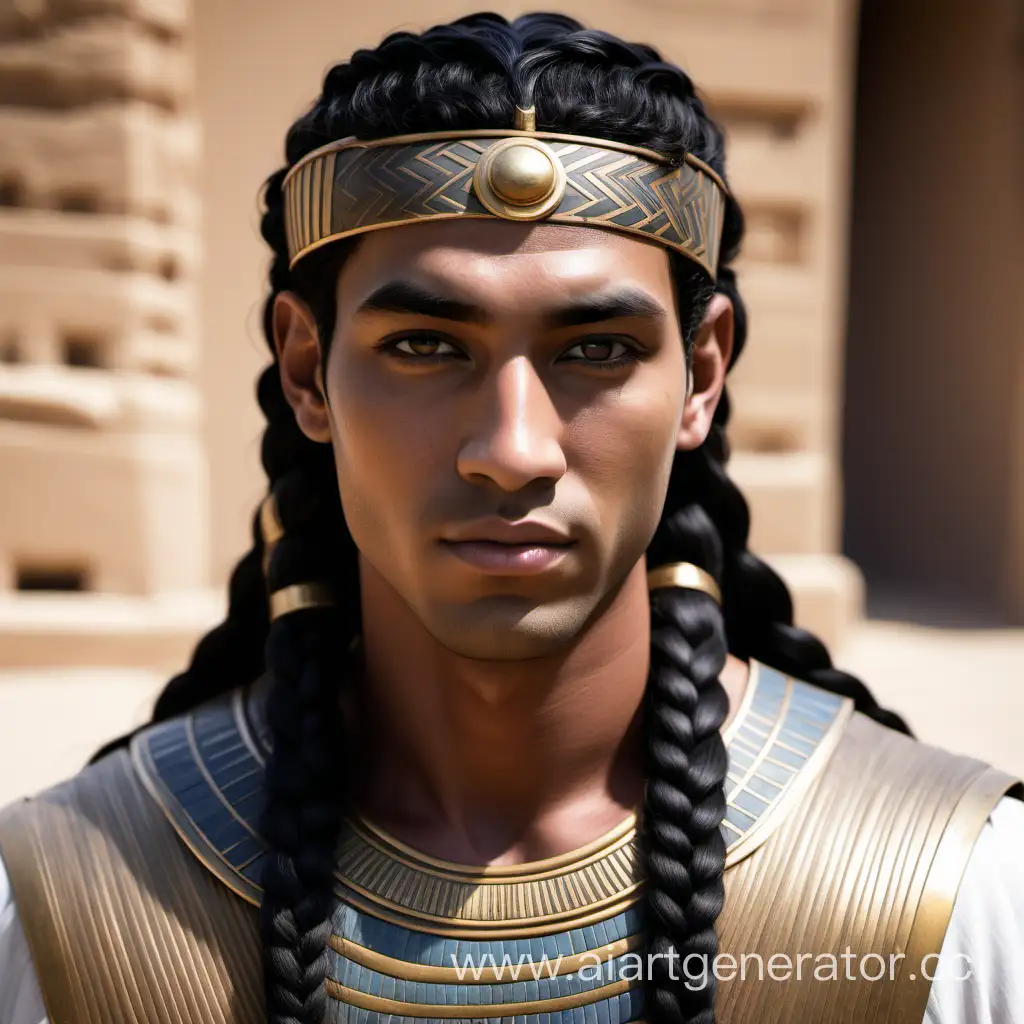 Мужчина метис с азиатскими глазами в древнем Египте,с тёмными глазами,пухлыми губами, белой кожей и чёрными длинными волосами собранными в косу 