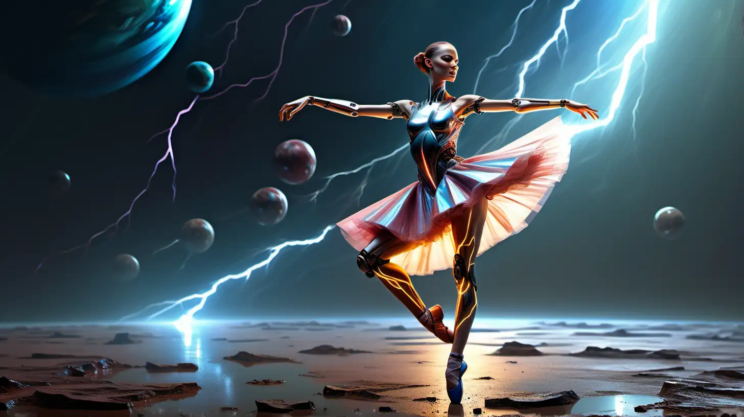 Hyperrealistic Robotic Ballerina Dancing in SciFi Wasteland
