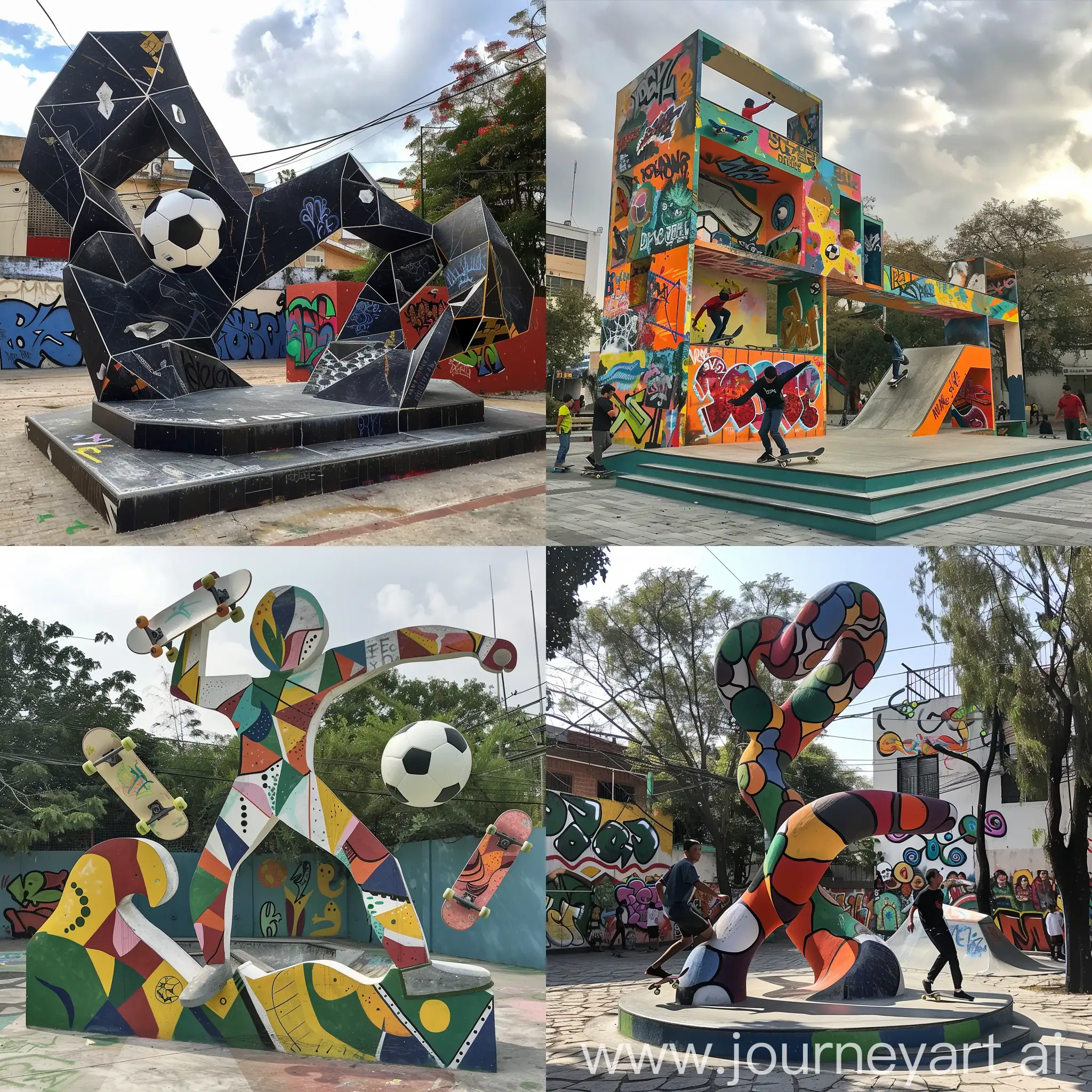 Como generar una escultura urbana bajo el concepto de actividades recreativas como skateboard, futbol y baile, además de arte en graffiti en la colonia Balcones del 4 en Guadalajara jalisco, méxico