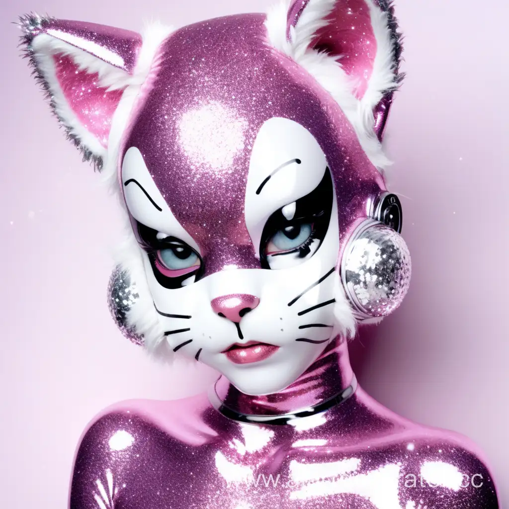 
Латексная девушка фурри кошка с латексной кожей покрытой блестками с белым резиновым лицом. Изображение сделать в милой стилистике