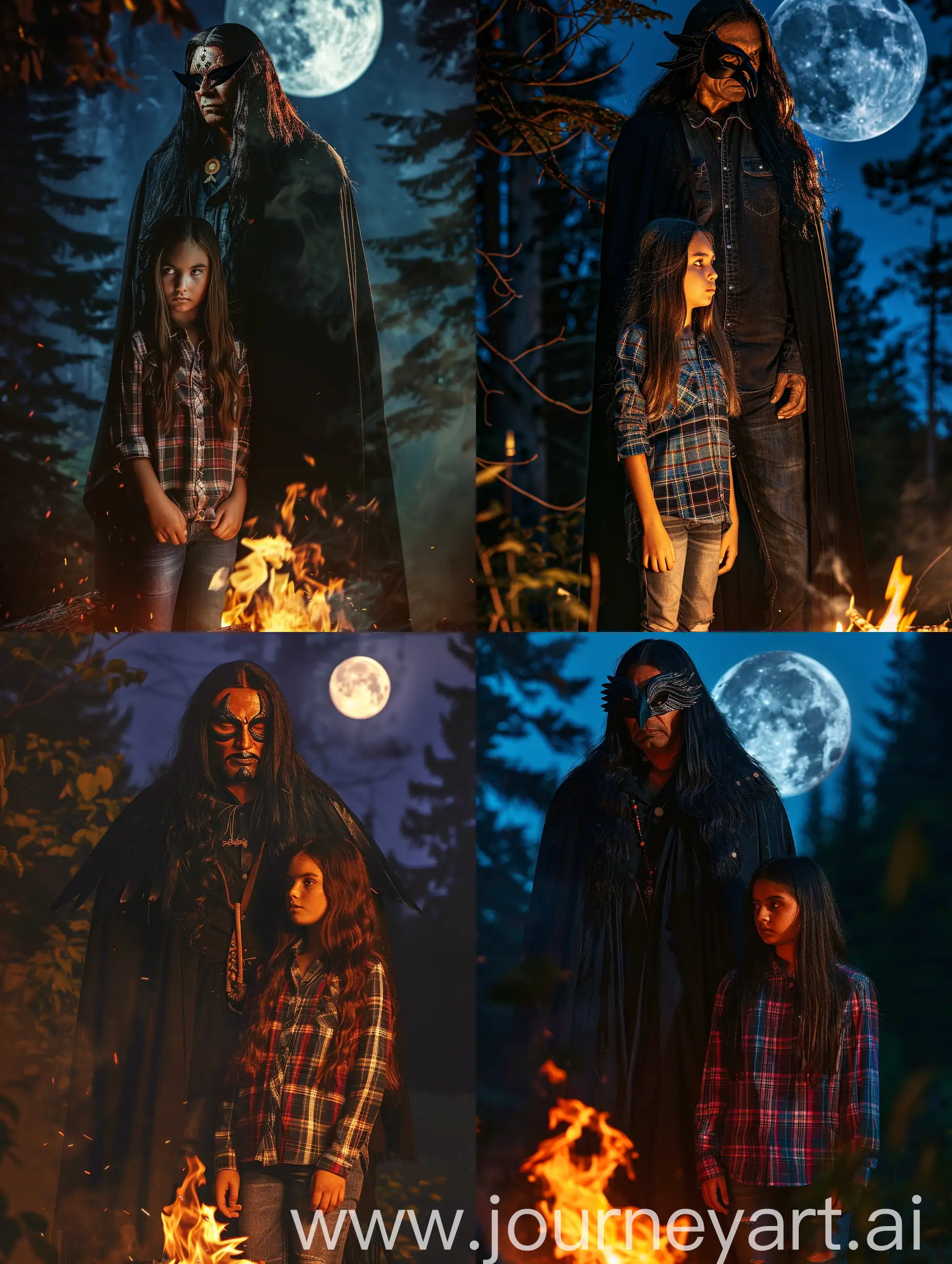 A tall Indian man with long black hair wears a black cloak and a raven mask, he stands behind the girl towering, a girl with long brown hair is dressed in a plaid shirt and jeans, the light from the campfire flame falls on them, against the background of the night forest and the moon