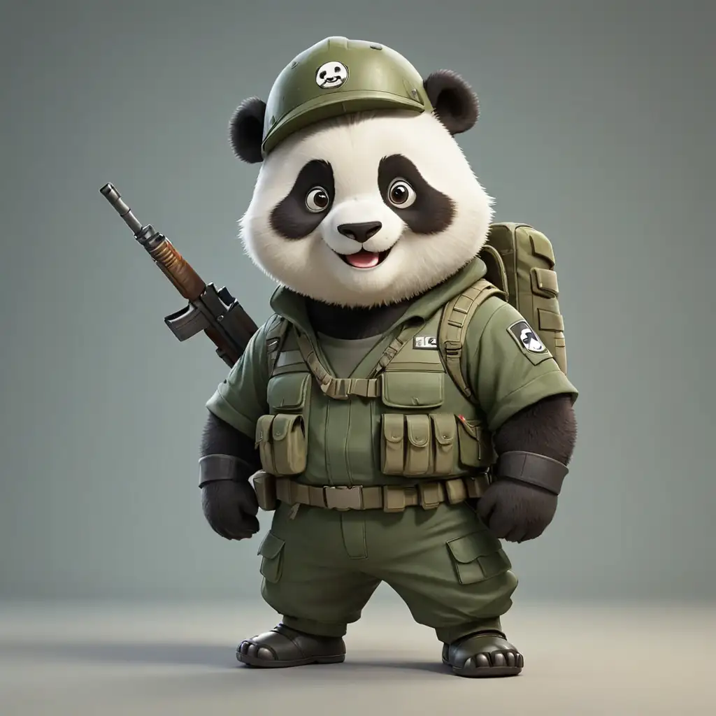 a happy panda in cartoon style in full body with soldier clothes with helmet clear background