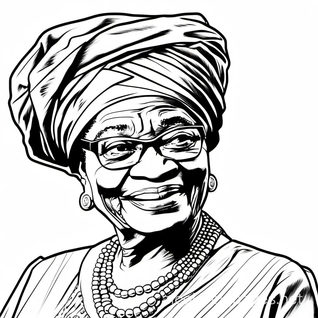 Ellen Johnson Sirleaf - First female President in Africa.for coloring book, Coloring Page, black and white, line art, white background, Simplicity, Ample White Space. The background of the coloring page is plain white to make it easy for young children to color within the lines. The outlines of all the subjects are easy to distinguish, making it simple for kids to color without too much difficulty