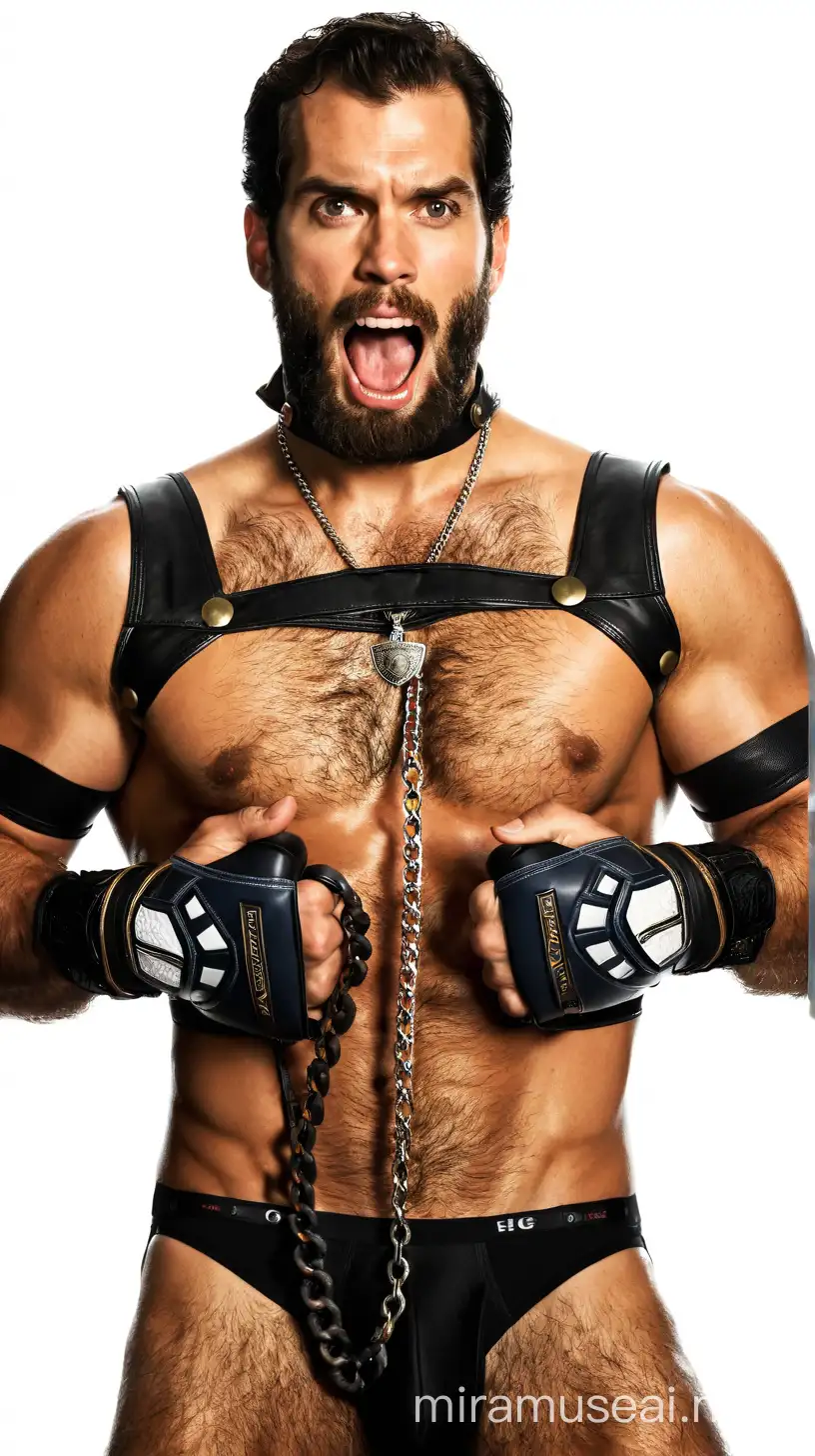 Actor Henry Cavill, biting a black toy bone, collar and chain, shirtless, muscular, bearded, very hairy body and chest, leather underwear.
