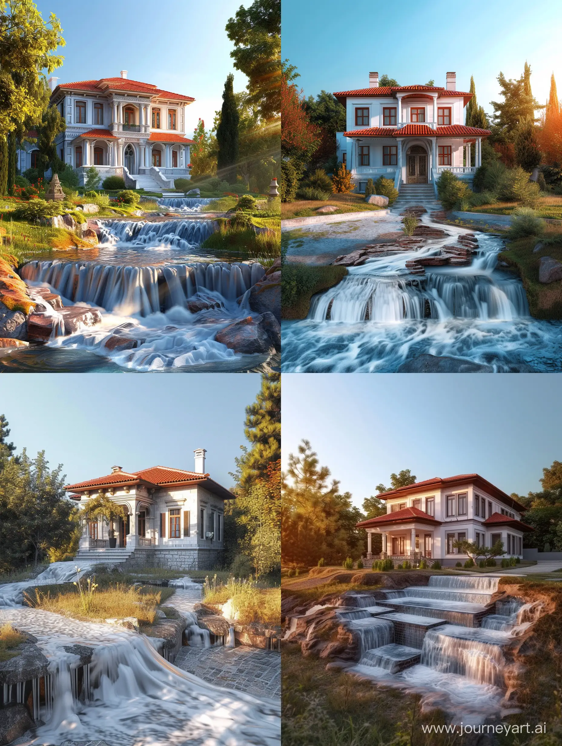Create an image of a Turkish home with a 3D Trick Art installation in the front yard. The home should have traditional Ottoman architecture with a red-tiled roof and white walls. The 3D Trick Art should depict an optical illusion, such as a realistic-looking waterfall or a floating staircase, seamlessly integrated into the landscape in front of the home. The scene should be set under a clear blue sky with the warm glow of the sun illuminating the surroundings.