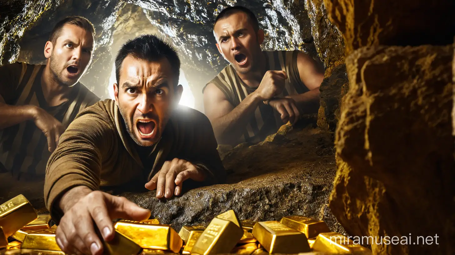 A prisoner in a cave siting in on top of lot of gold shocking face, close up