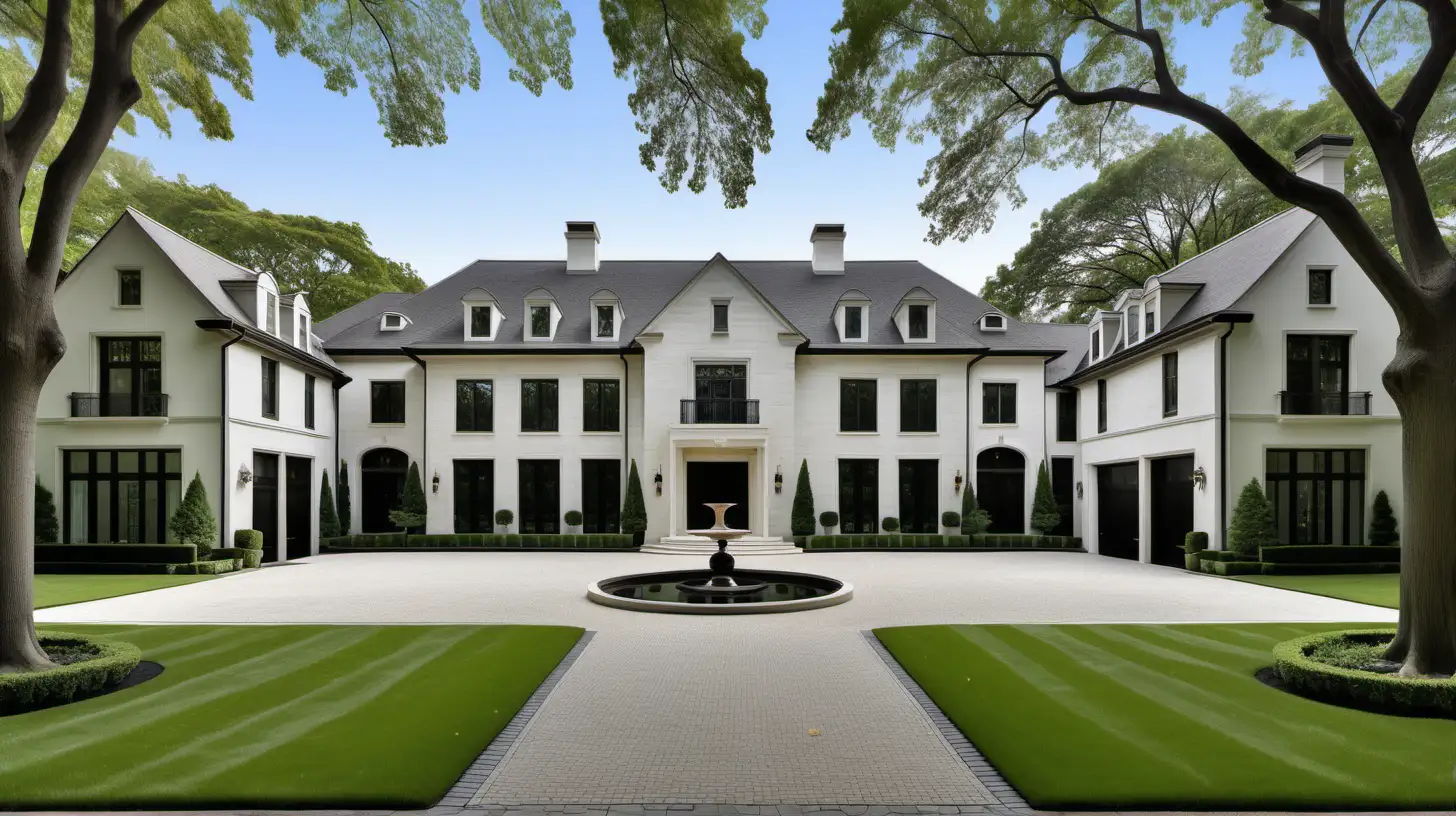 refined, timeless, contemporary estate home; symmetrical facade; central tree-lined driveway; sprawling lawns; ivory, black, limestone, oak, beige;
