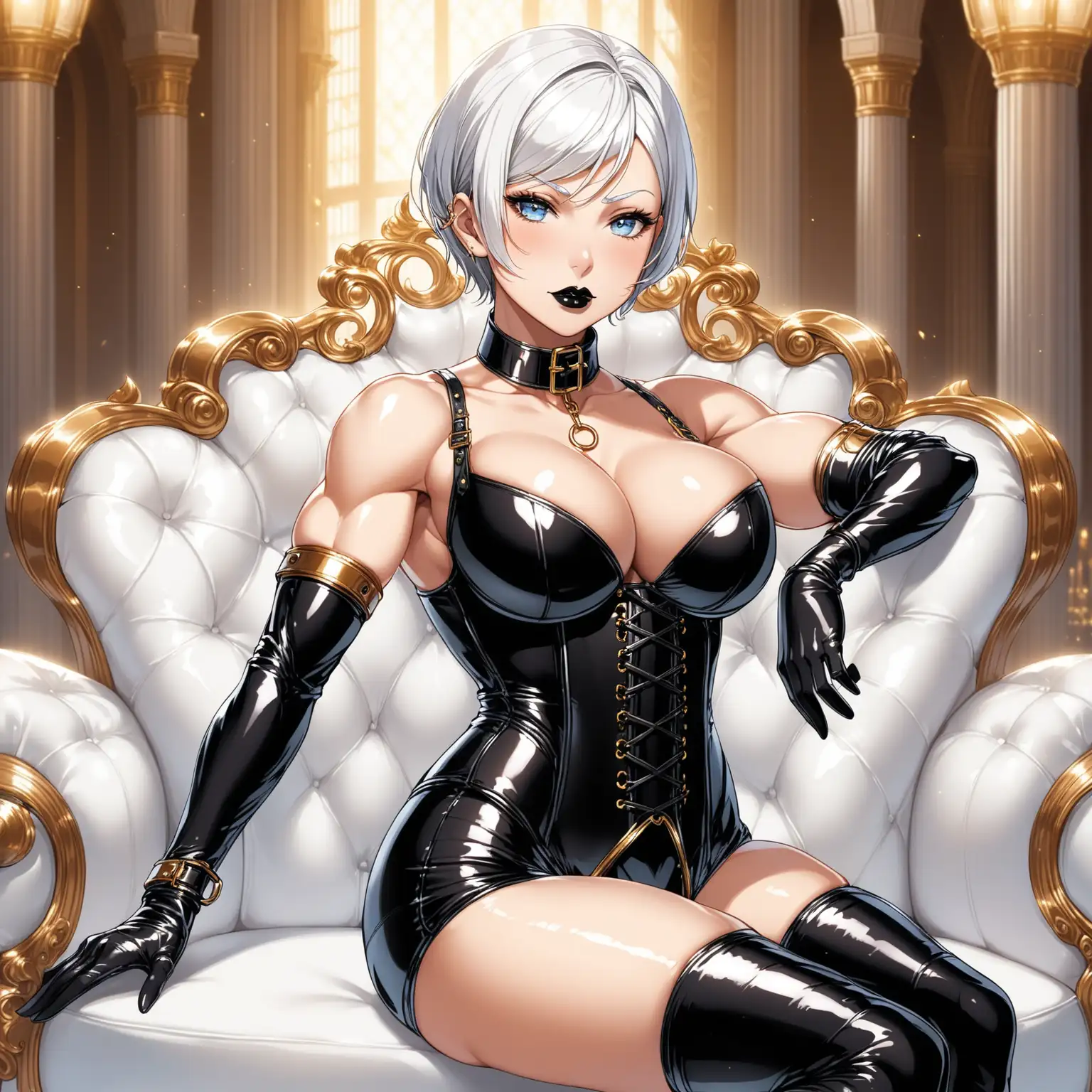 1 woman. She has fair skin,huge tits, white hair in a pixie cut, light blue eyes, she is muscular and very beautiful and 60 years old. She has makeup on with shiny black lipstick. She is wearing a shiny black latex corset, miniskirt, very long gloves, thigh high boots, bdsm restraints and a thick bondage posture collar with a ring. She has a calm expression. She is in a royal palace with white leather furniture with gold accents.