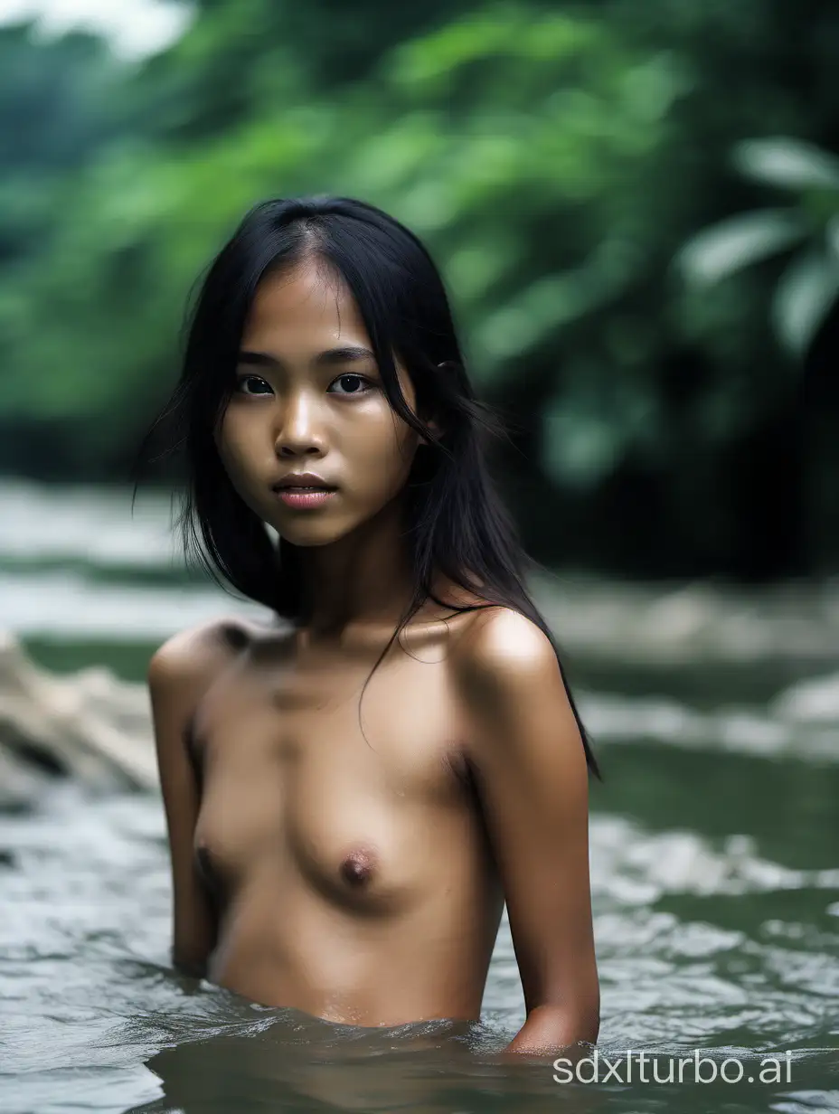 naked petite south east Asian girl in a river, close shot